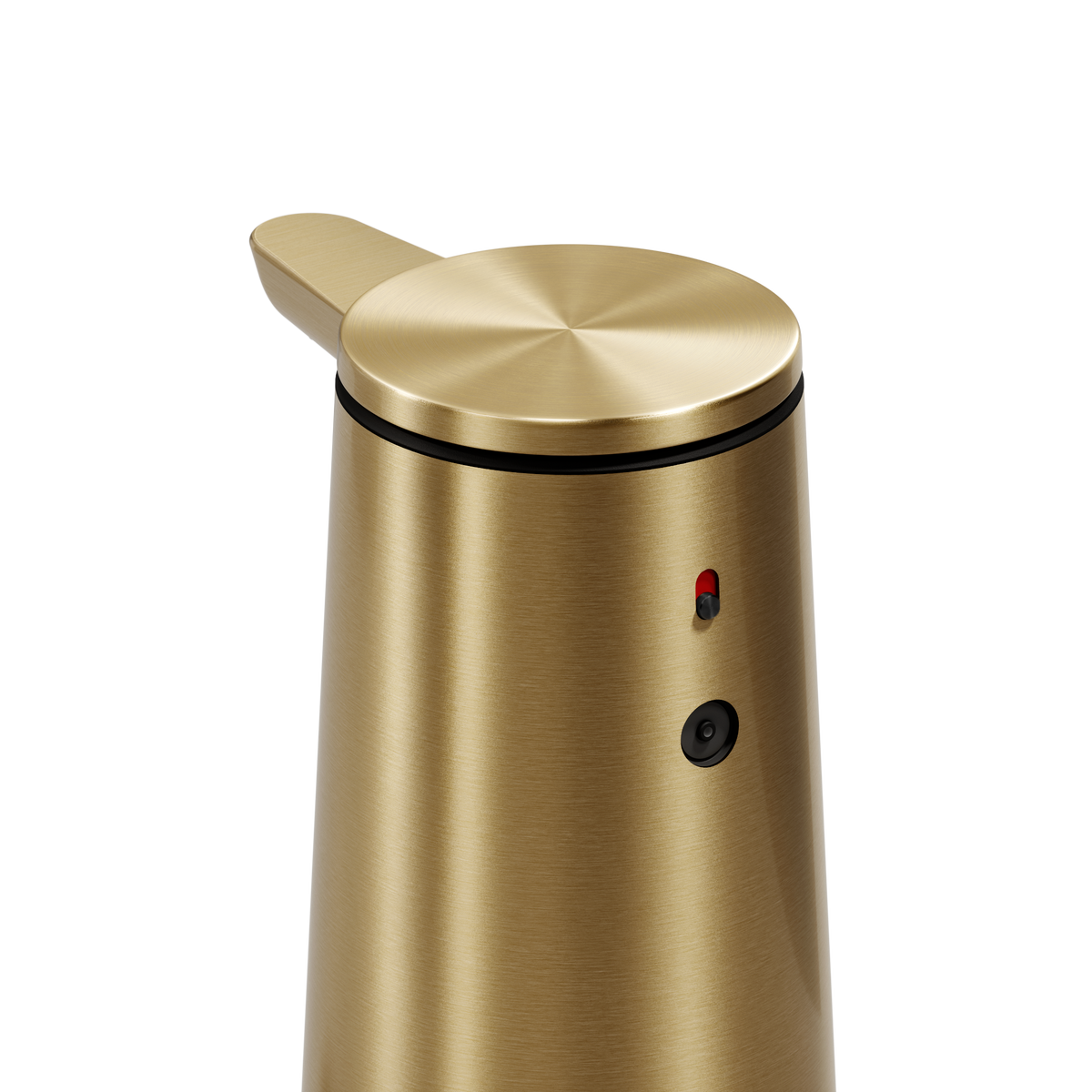 Detail view of Simplehuman Brushed Brass Sensor Pump Foam body, showing the sensor and red indicator light for touch-free use.