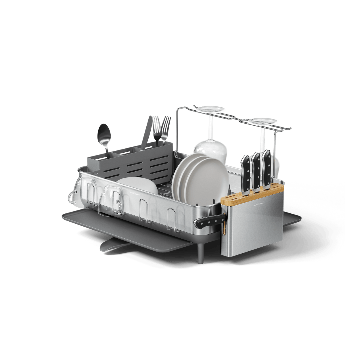 Simplehuman Brushed Stainless Steel Steel Frame Dishrack with pivoting drain spout, large utensil caddy, knife block, and wine glass holder.
