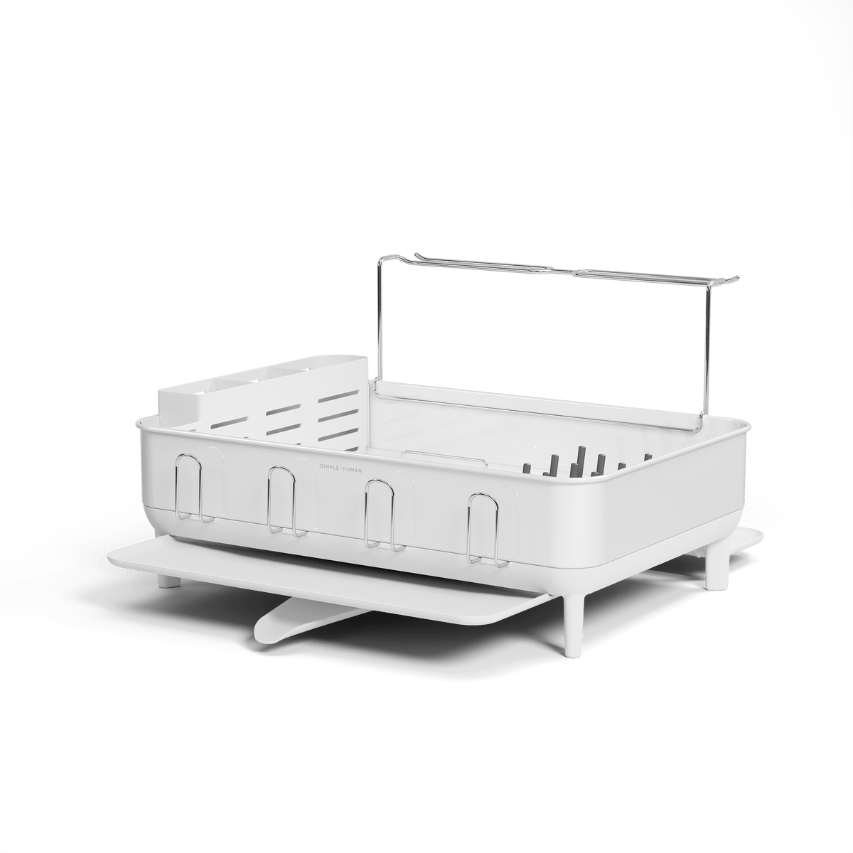 Angled view of Simplehuman White Steel Frame Dishrack, featuring raised handle, utensil caddy, and integrated cup hooks.