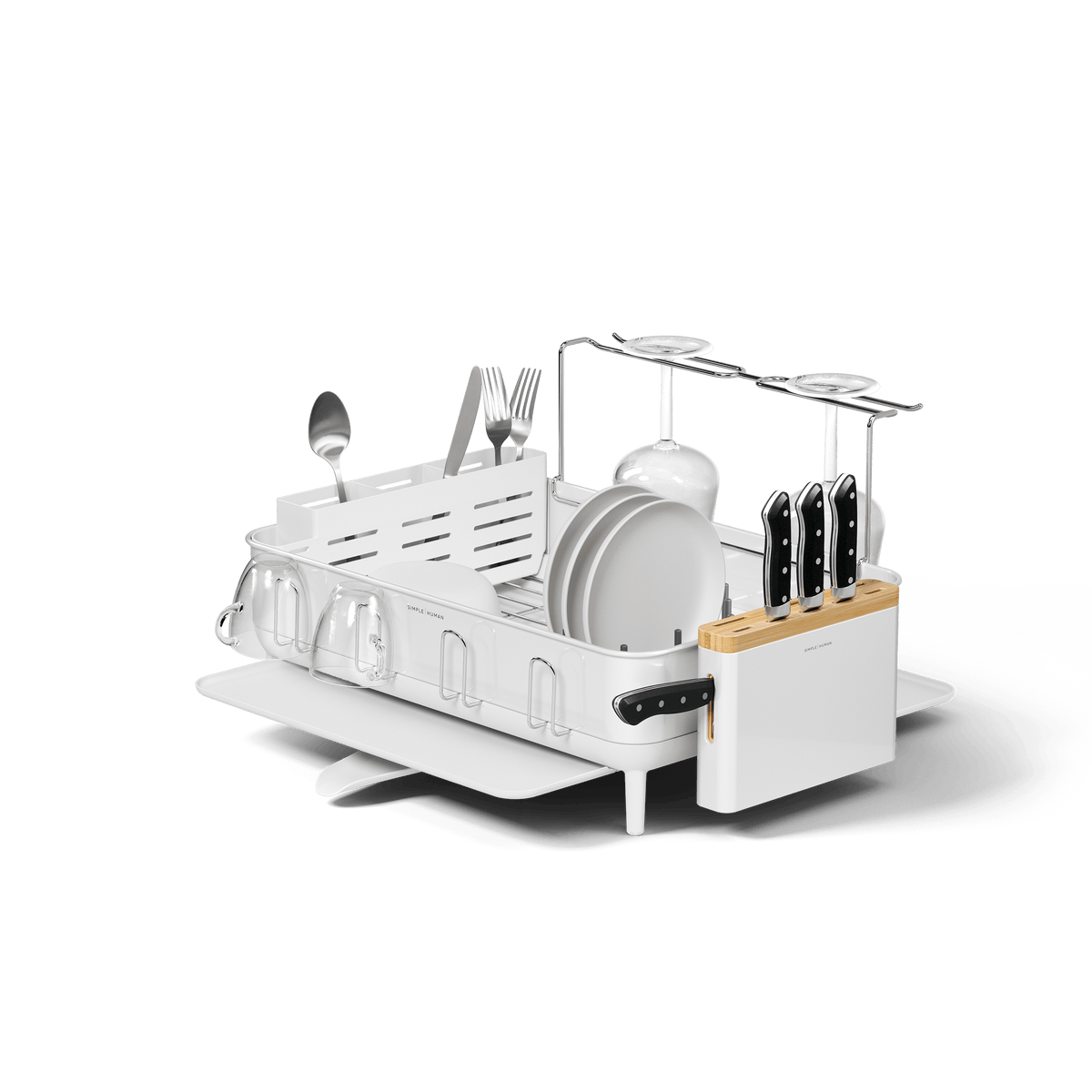 Simplehuman White Steel Frame Dishrack, angled studio view displaying knife block insert, cup hooks, and wine glass rack.