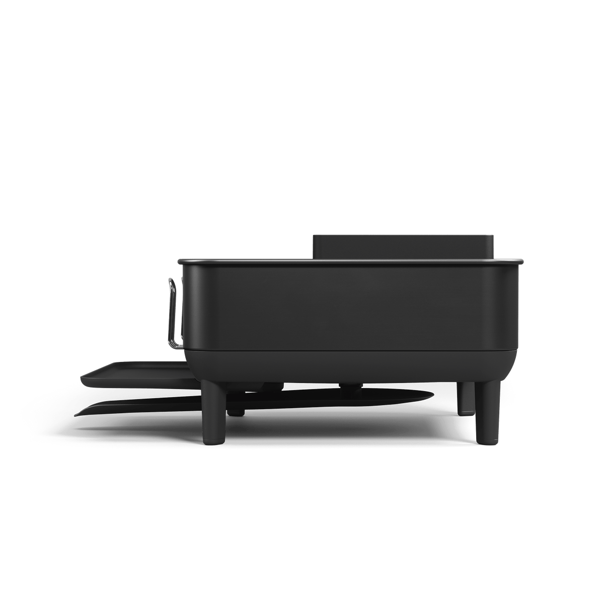 Side view of Simplehuman Compact Steel Frame Dishrack, Matte Black, showing adjustable spout and exterior cup rack.