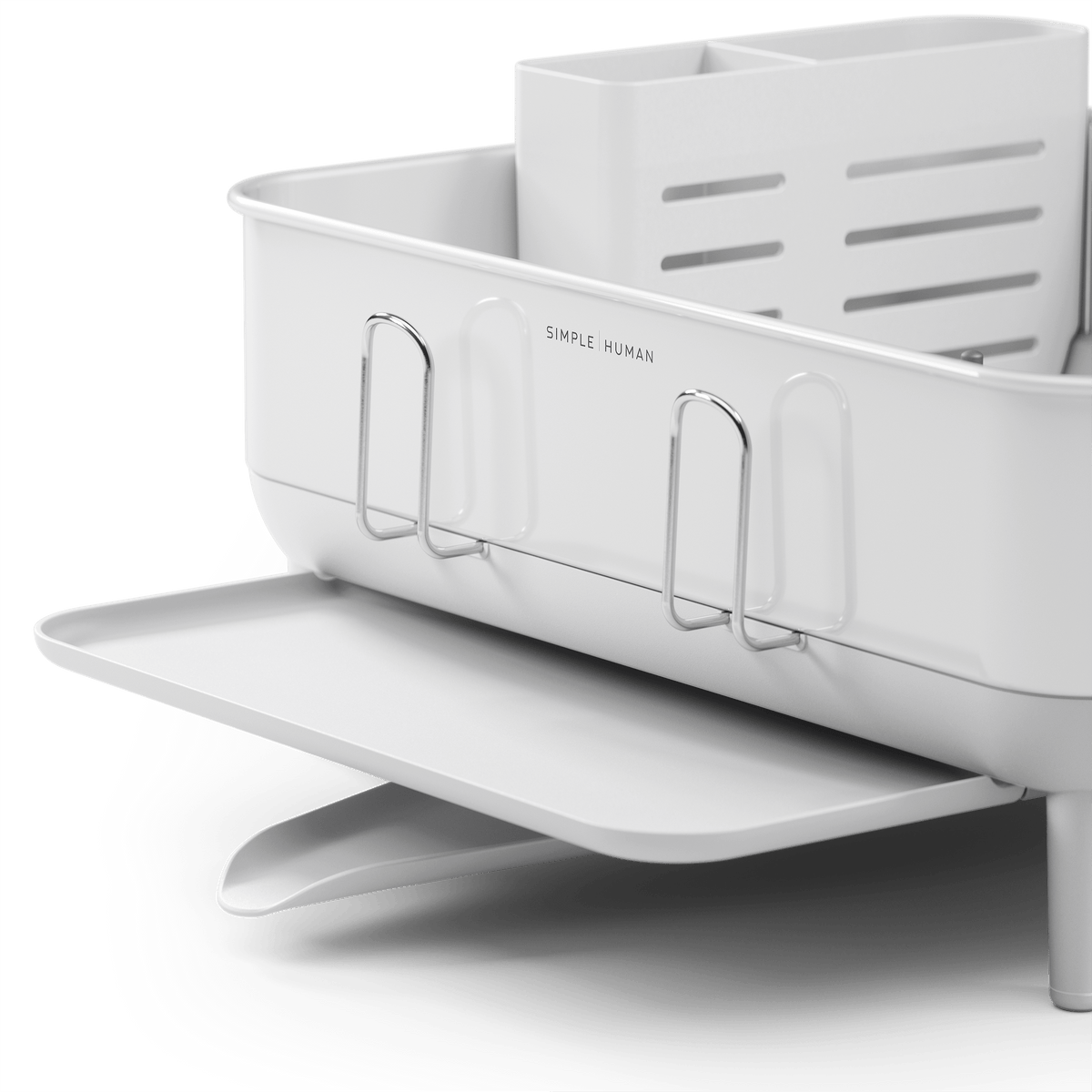 Detail view of Simplehuman Compact Steel Frame Dishrack, White, showing side extension tray and exterior cup holders.