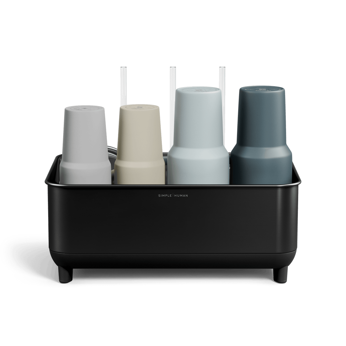 Front view of Simplehuman Matte Black stainless steel Bottle Dock holding four reusable bottles in assorted colors.