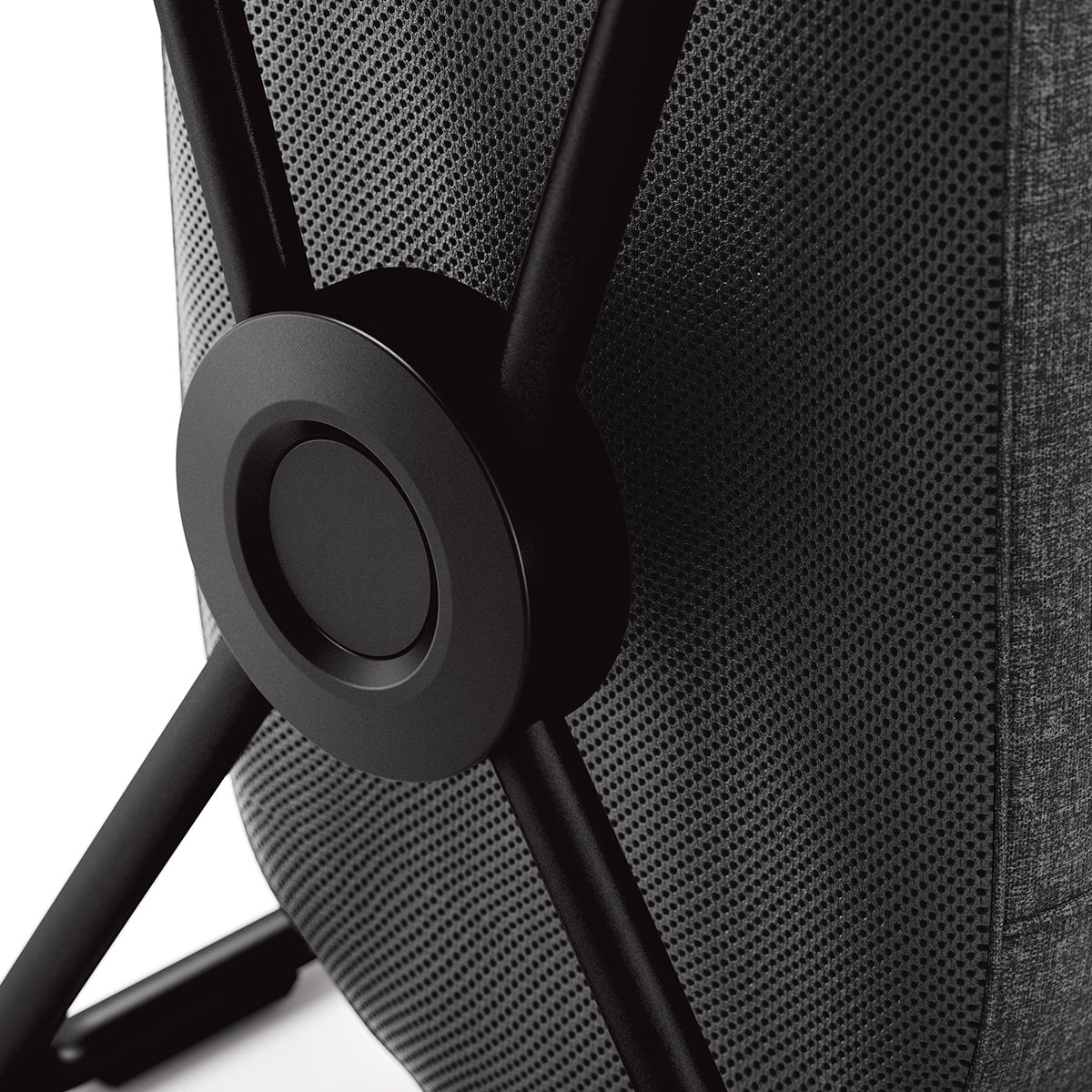 Detail view of Simplehuman Single X-Frame Hamper, Matte Black frame joint and breathable dark gray mesh liner.