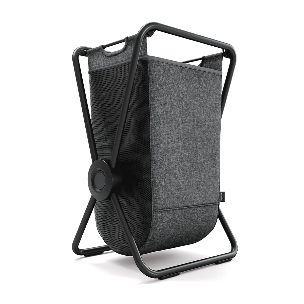 Angled view of Simplehuman Single X-Frame Hamper, Matte Black frame, gray removable liner with breathable mesh.