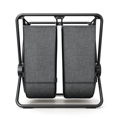 Direct view of Simplehuman Double X-Frame Hamper, Matte Black frame, dual dark gray removable fabric liners for sorting.