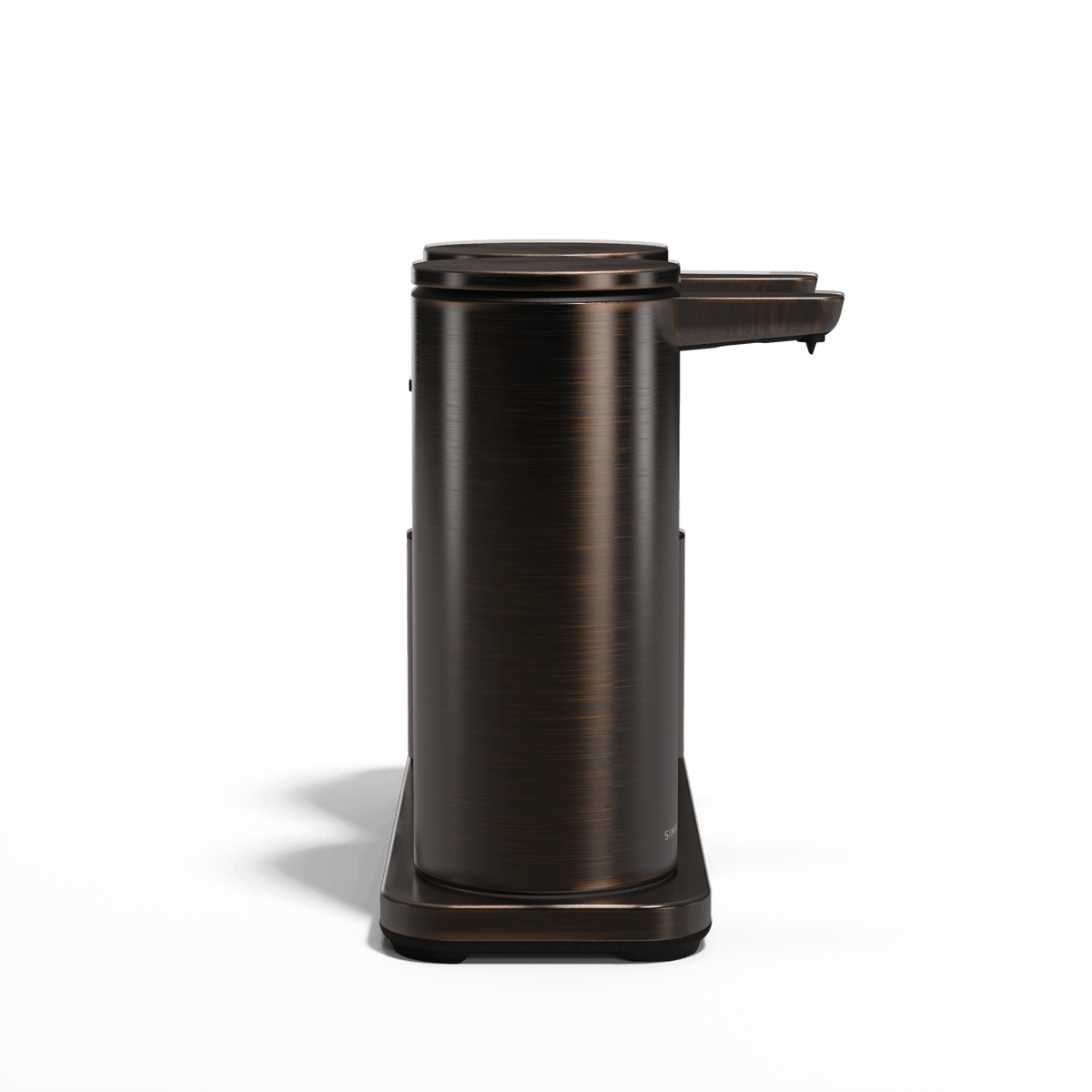 Straight-on isolated view: Simplehuman Dark Bronze Dual Sensor Pump 14 oz. with Caddy, rechargeable, hands-free dispensing.