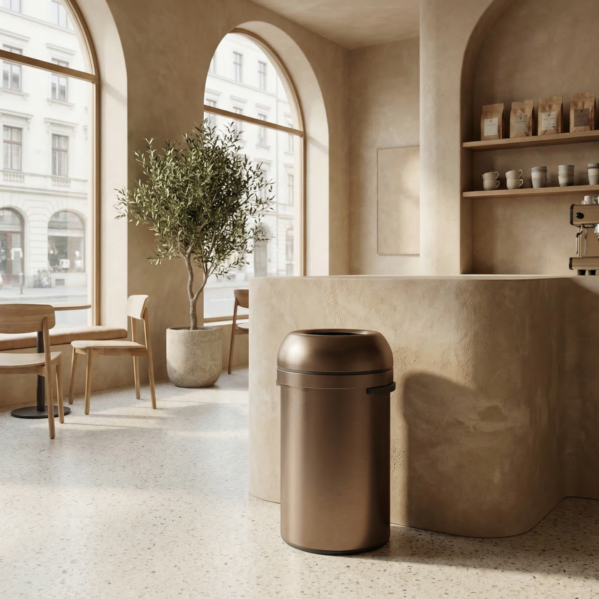 Simplehuman's 60L Bullet Open Can in Bronze in a cafe setting with neutral tones and coffee appliances in the background.