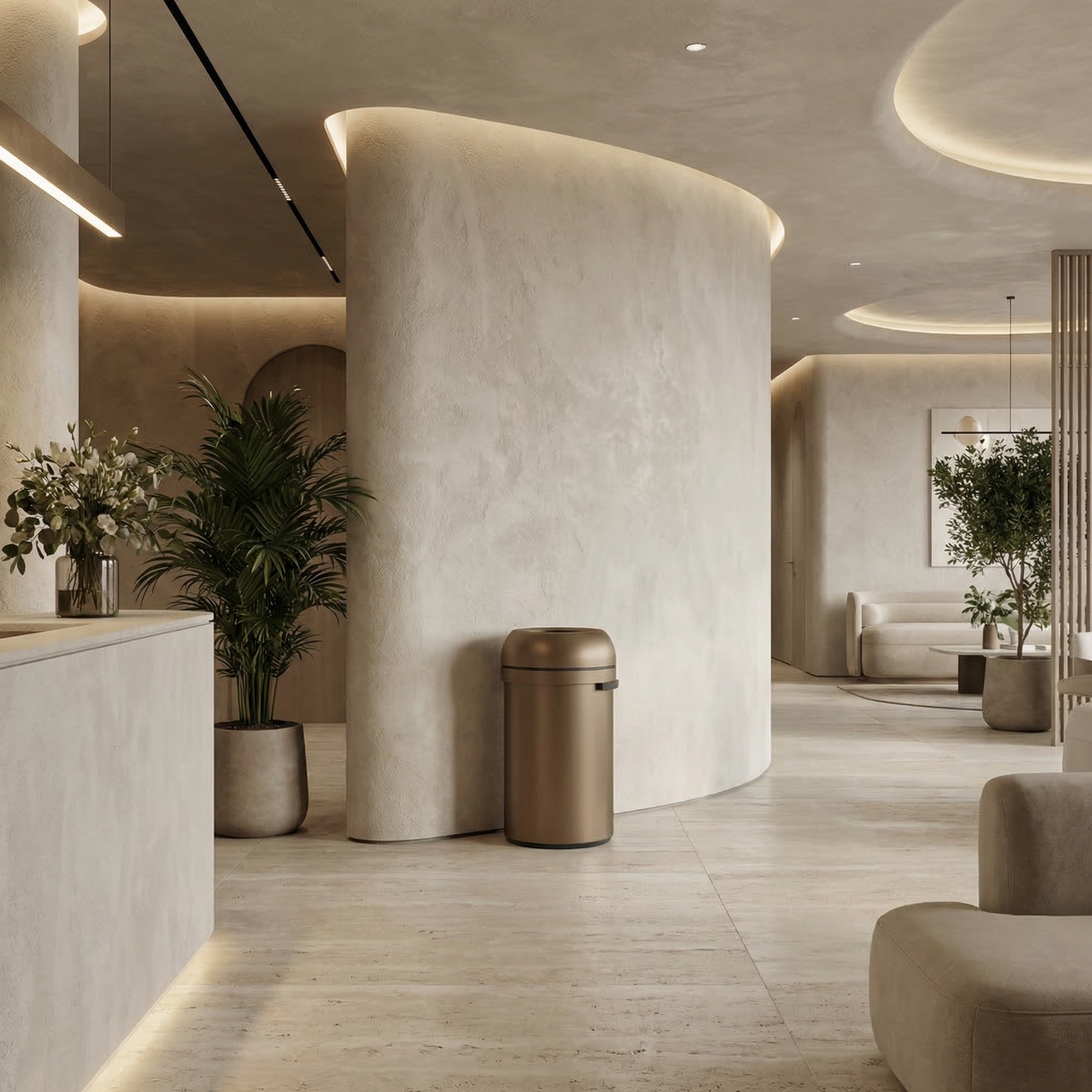 Simplehuman's 60L Bullet Open Can in Bronze in a hotel lobby setting with a lot of natural light.