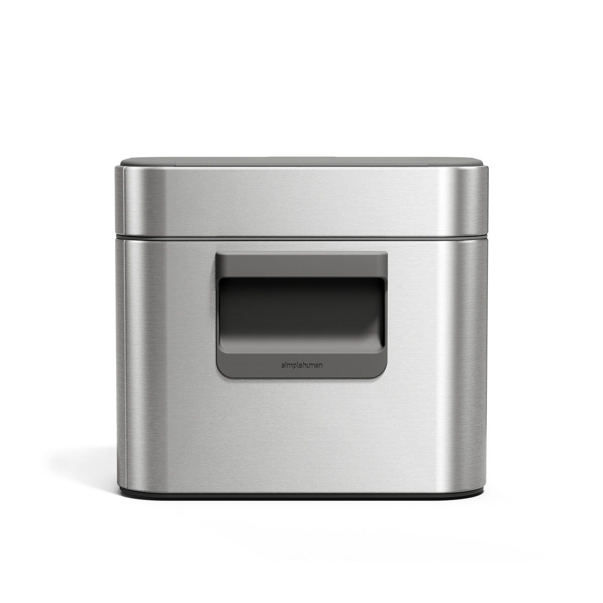 Simplehuman Brushed Stainless Steel Compost Caddy, front view highlighting the magnetic latch handle for airtight seal.