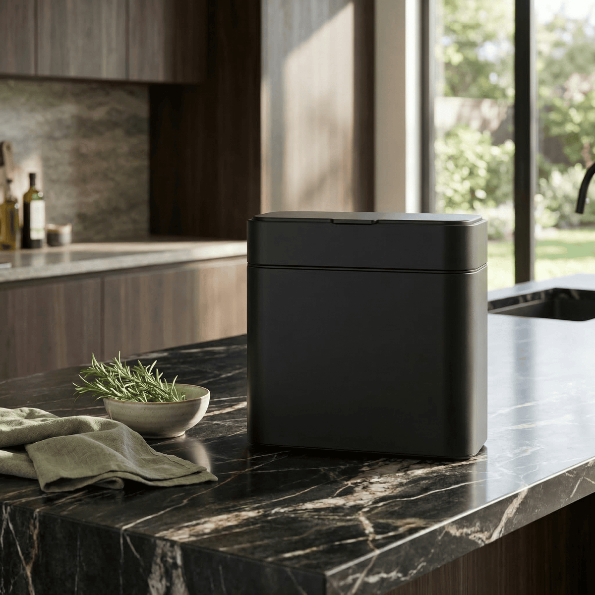 Simplehuman's Matte Black Compost Caddy in a modern kitchen countertop with black marble with bright lighting.