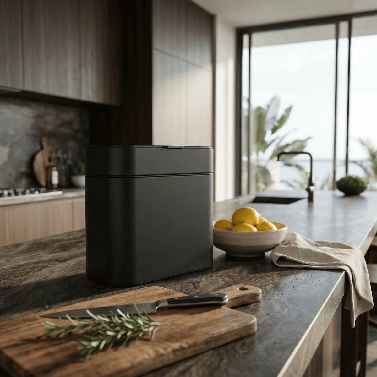 Simplehuman's Matte Black Compost Caddy in a modern kitchen with darker appliances and a tropical view of the ocean.