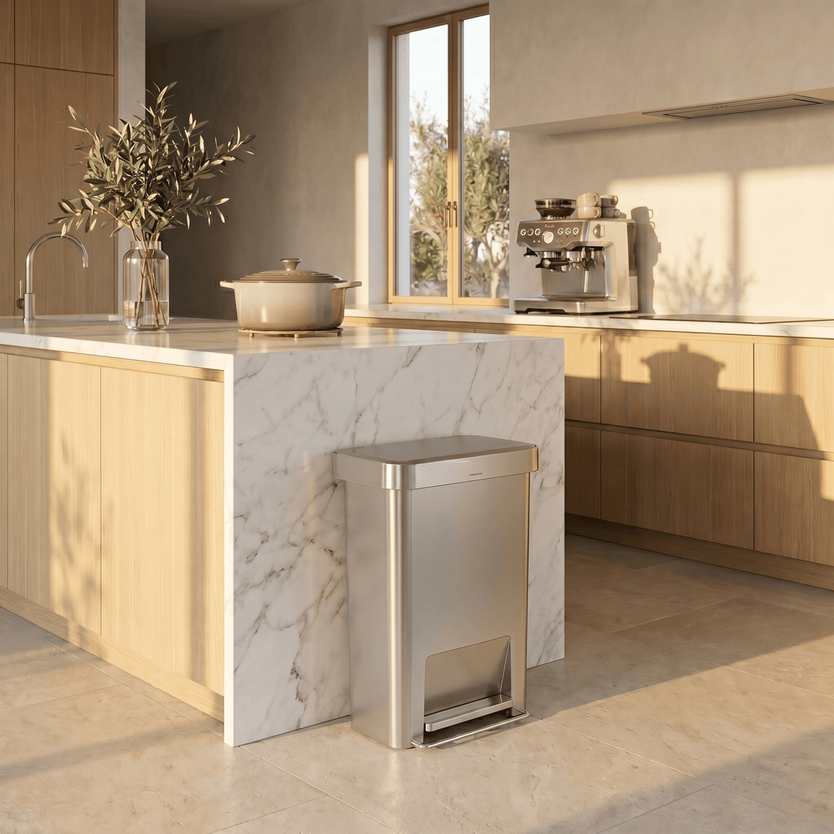 Simplehuman's 45L Hybrid Step Can in a modern kitchen setting.