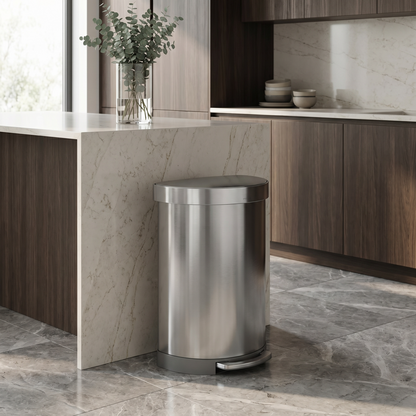 Simplehuman's Semi-Round Step Can in Brushed in a modern kitchen setting.