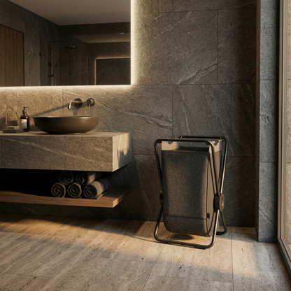Simplehuman's Single X-Frame Hamper in a modern bathroom setting.