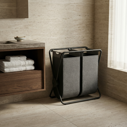 Simplehuman's Double X-Frame Hamper in a modern bathroom setting with marble walls and wooden cabinets.