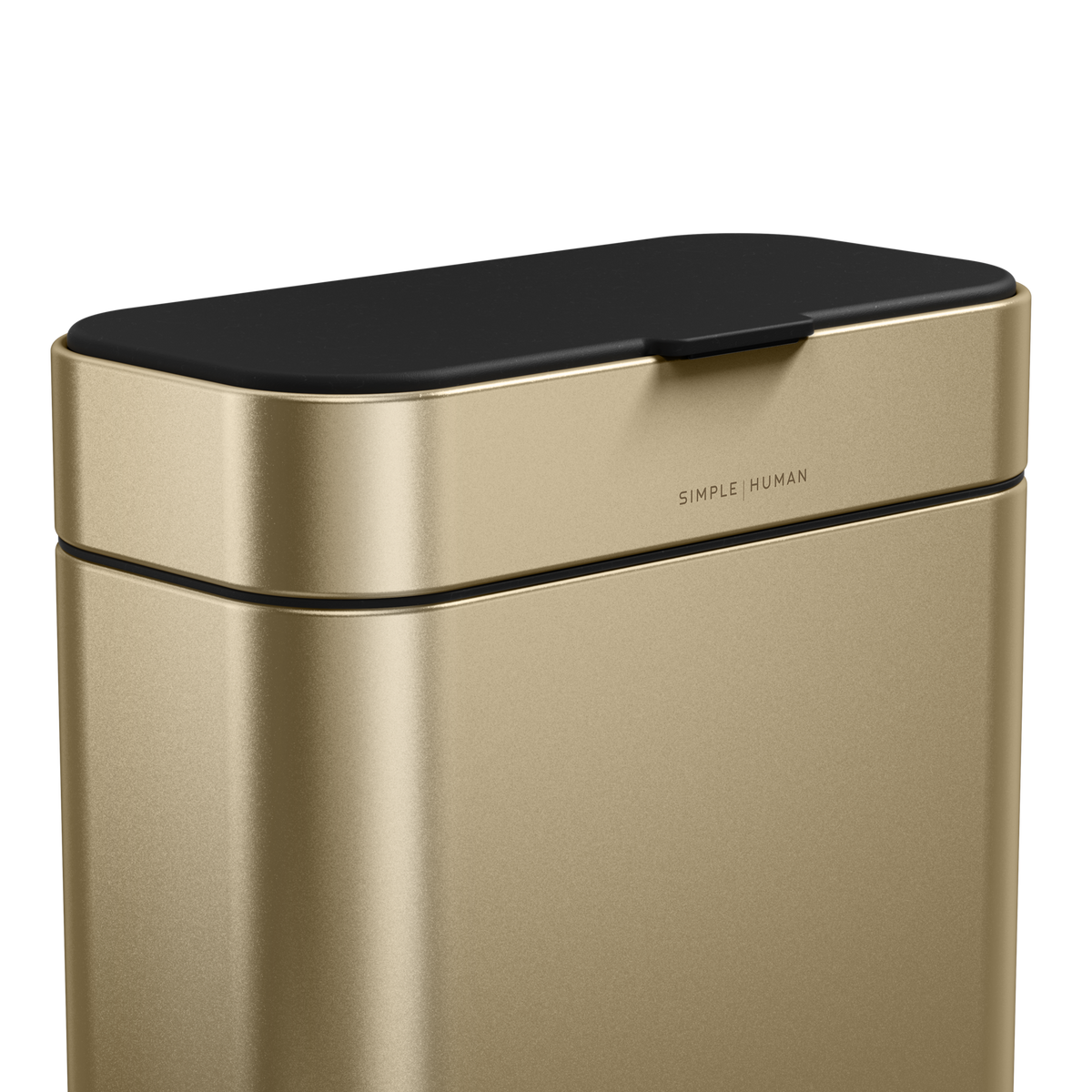 Detail view of Simplehuman Brass Compost Caddy showing the flush lid and branding for an odor-proof seal.