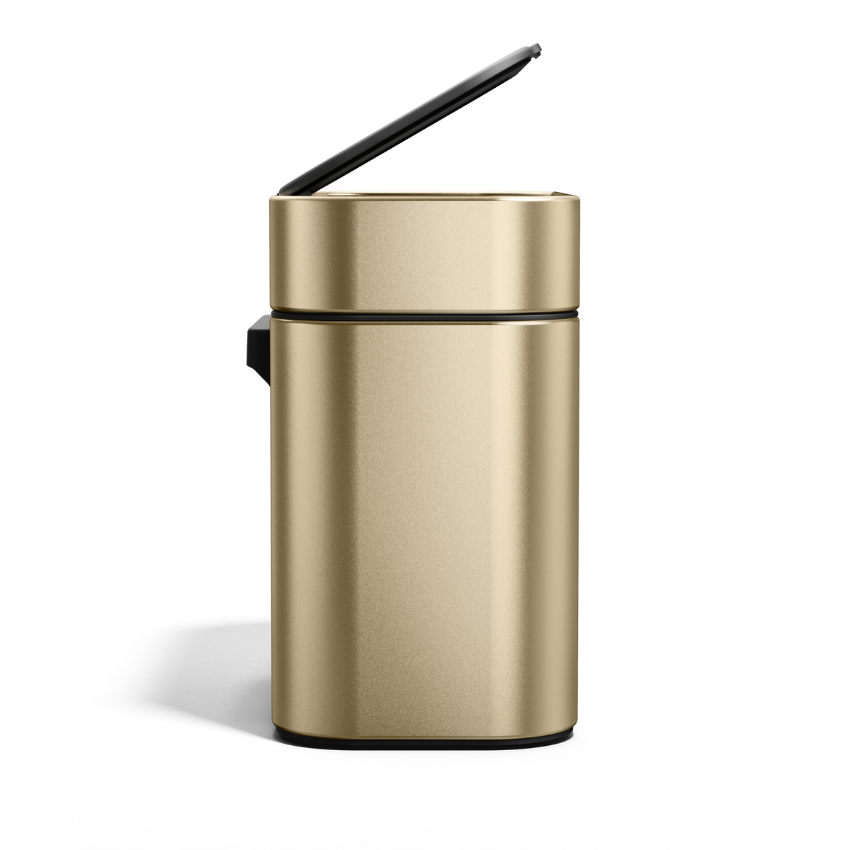 Profile view of Simplehuman Brass Compost Caddy with raised lid for quick food scrap disposal.